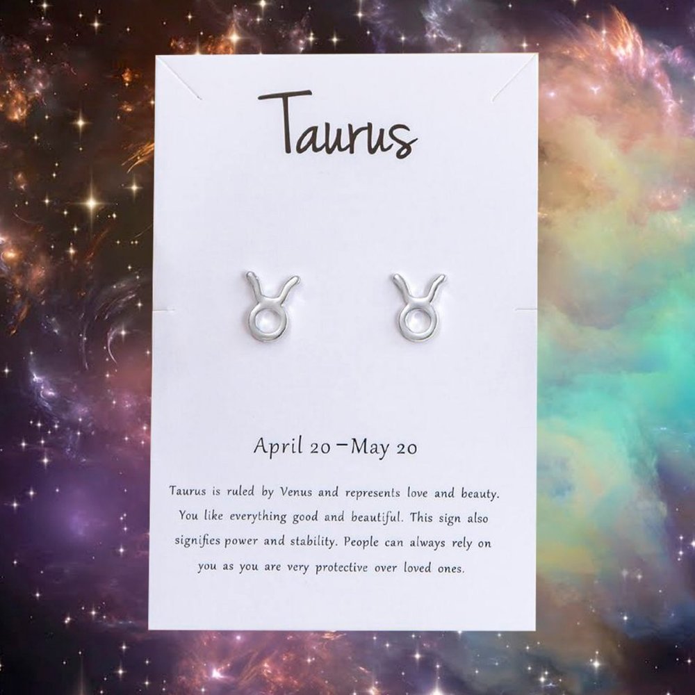 TAURUS Zodiac Silvertone Stud Earrings on Card NEW! 1126x2